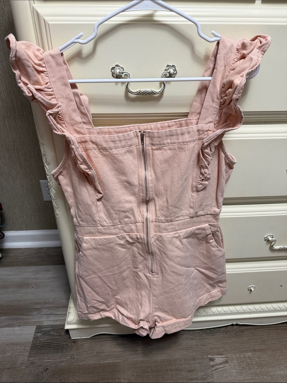Gilli Pink Denim Ruffle Shoulder Romper